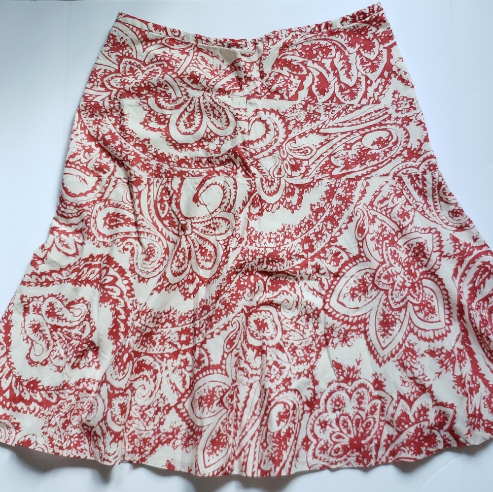 GAP Floral Print Midi Skirt Women's Size 10 Red and Cream Flowy 100% Cotton
